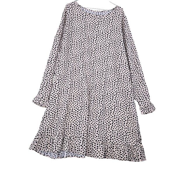 Long Sleeve Polka Dot Ruffle Hem Midi Dress 5XL Beige & Black 100% Polyester - Picture 1 of 6